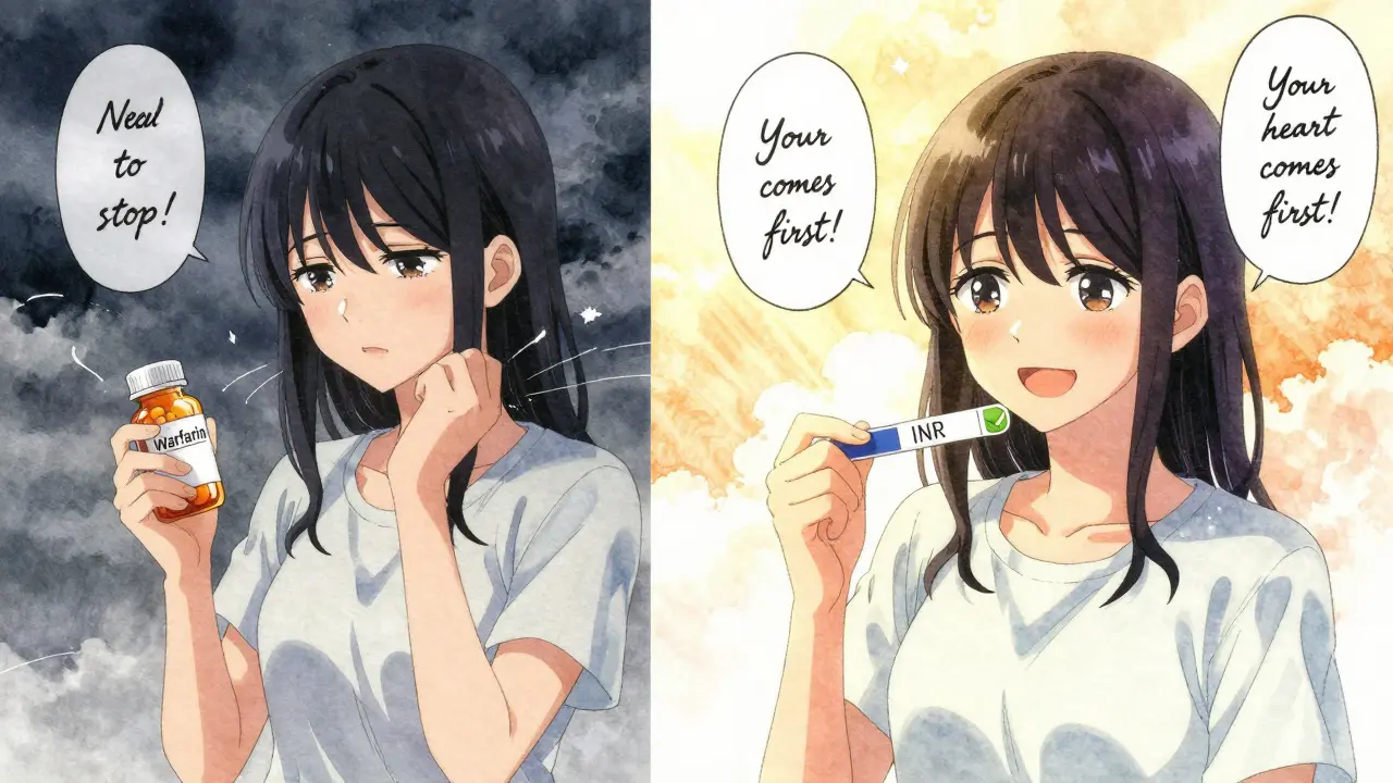 Split scene: worried patient with blood thinner pills vs. same person smiling after dental cleaning with INR checkmark.