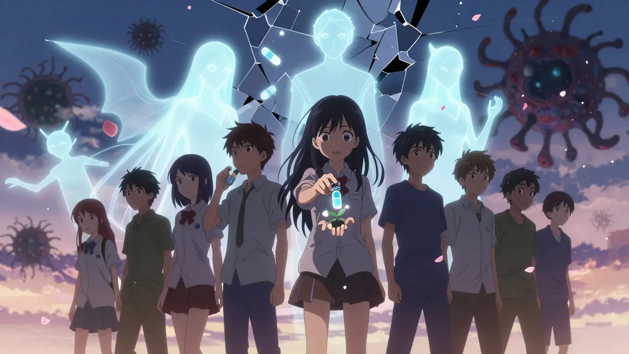 Teens stand under a fractured sky as antibiotic spirits fight superbug monsters, one planting a seed labeled 'Resistance Ends Here'.