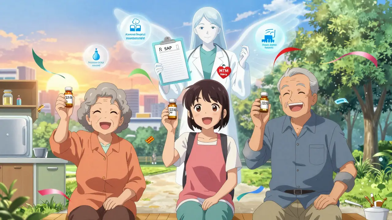 Three patients celebrate cost savings from switching to generic drugs, with a pharmacist as a guiding figure.