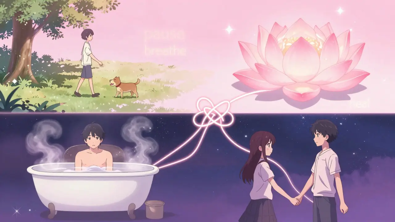 Three peaceful scenes of healing—walking, bathing, and holding hands—connected by a lotus-shaped thread of recovery.