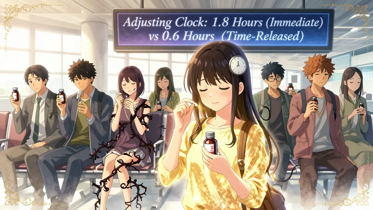 Travelers in an airport compare melatonin types—some glow with smooth adjustment, others are dragged backward by tangled sleep vines.