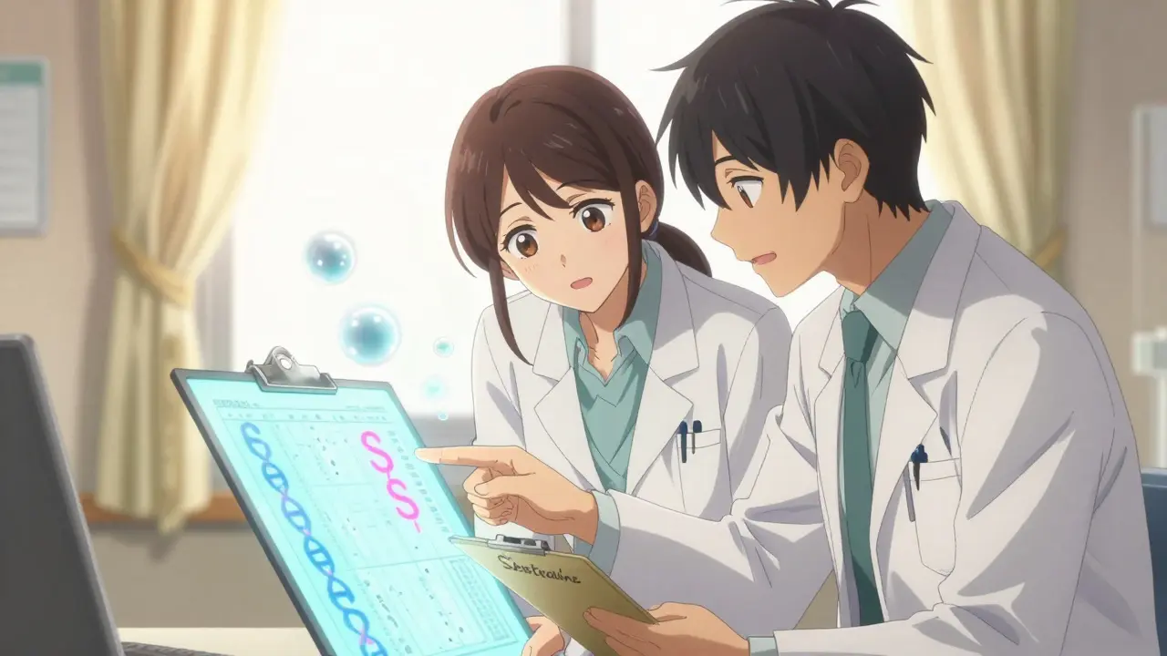 Two doctors examine a genetic chart showing a high-risk gene variant, with serotonin molecules drifting between them.