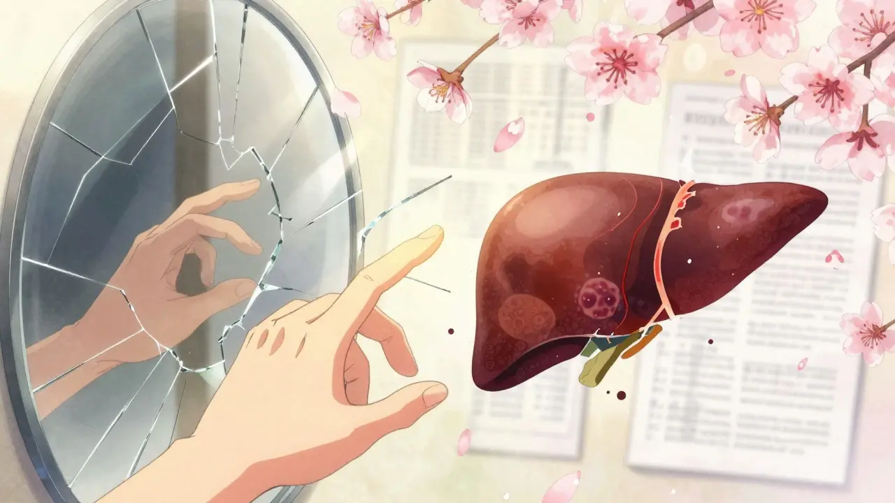 Two hands reaching across a fractured mirror showing healthy vs. damaged liver with fibrosis lines.