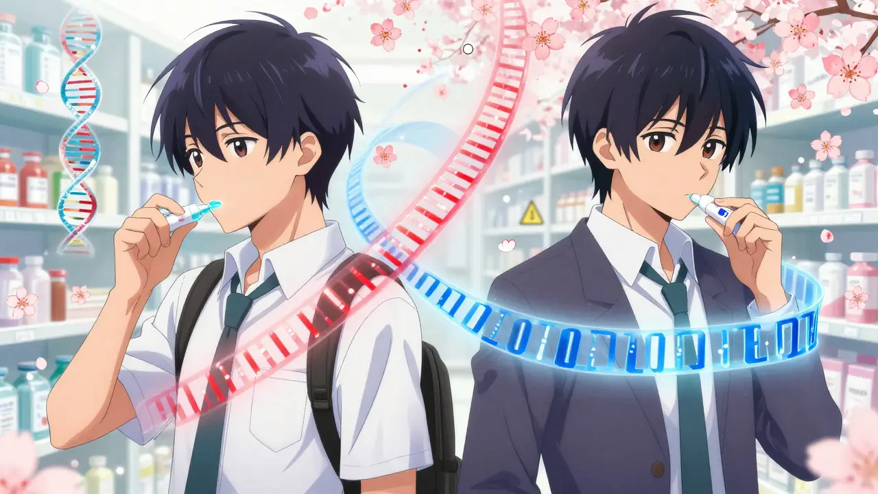 Two teens with different genetic enzymes processing codeine, shown with glowing DNA ribbons in shoujo manga style.