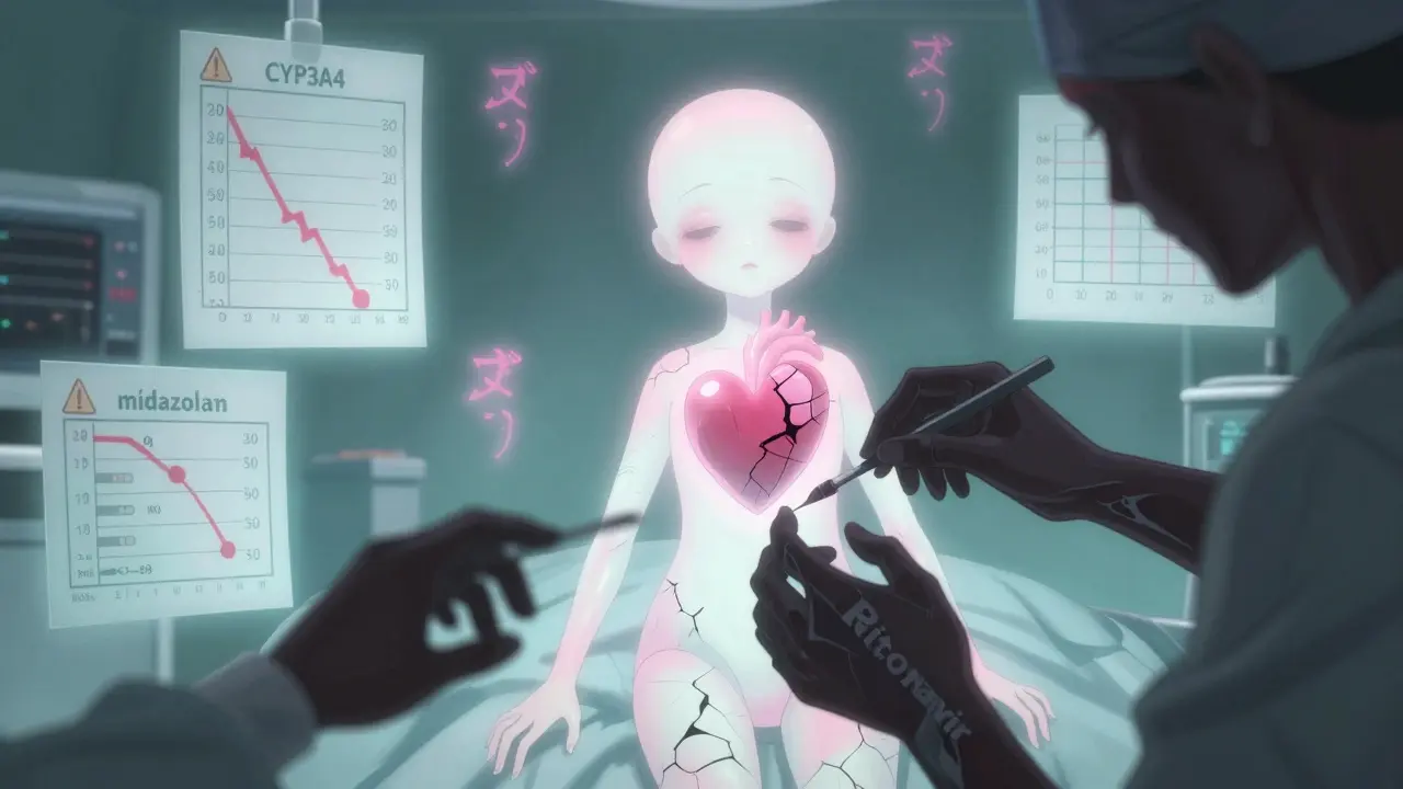 A delicate porcelain enzyme doll being destroyed by a shadowy hand, with floating medical data glowing in a surgical scene.