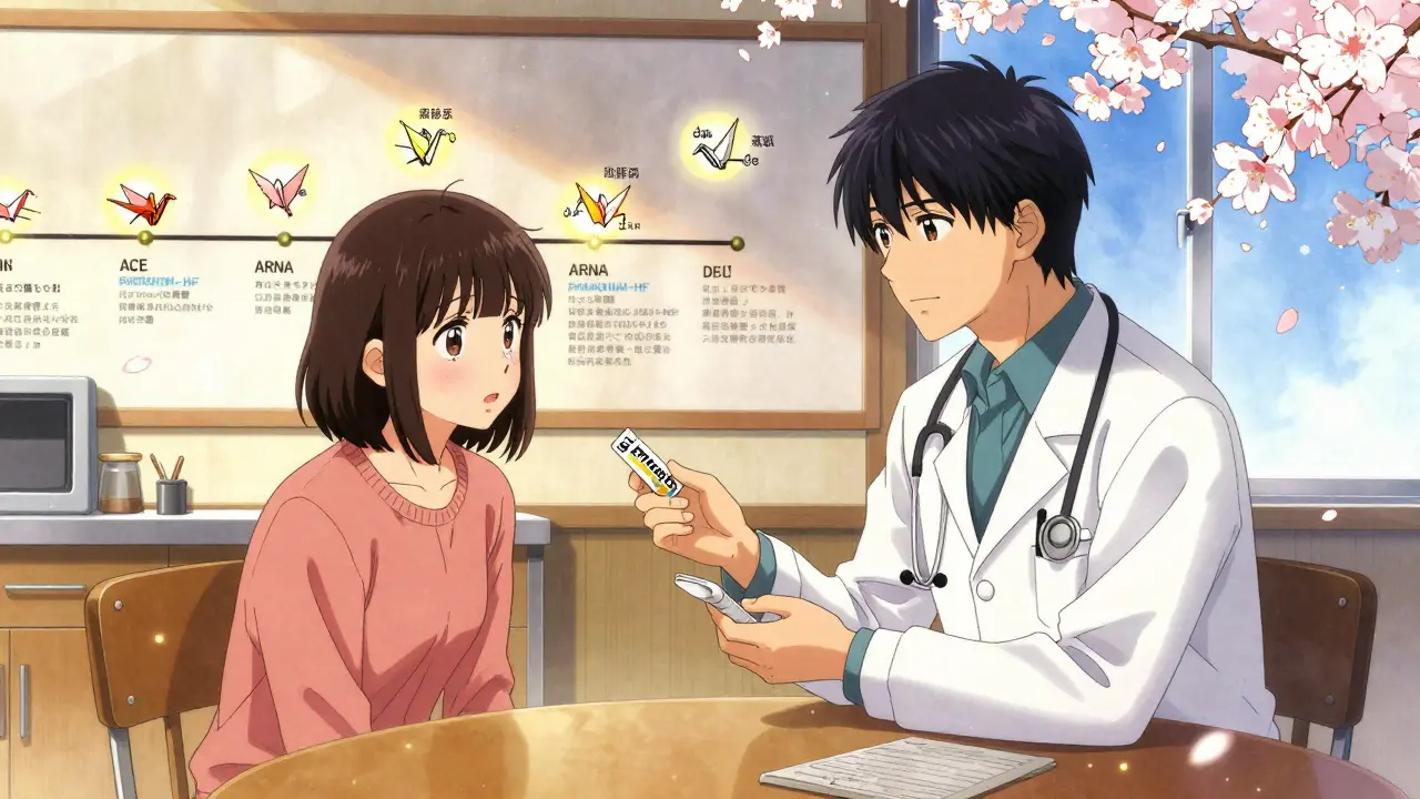 A doctor gives a patient an Entresto prescription as a mural shows medical progress with floating paper cranes.