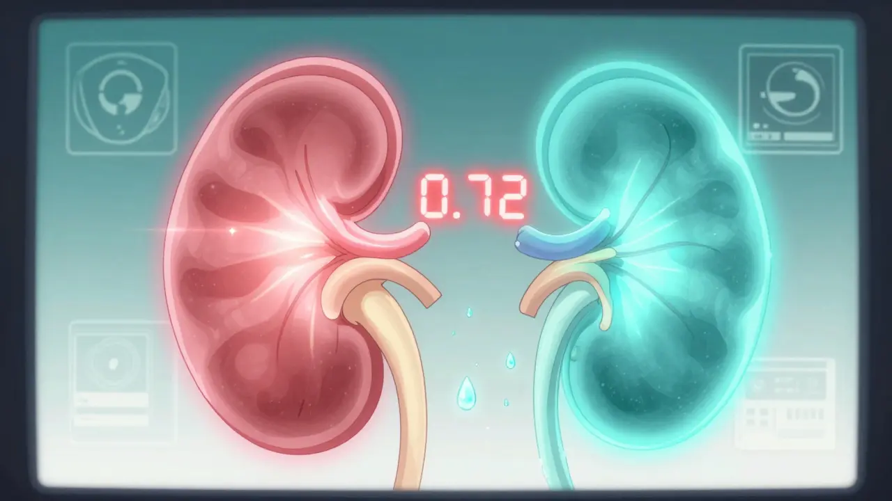 A Doppler ultrasound shows blood flow in a kidney with a resistive index of 0.72, represented as glowing light and backflowing droplets.