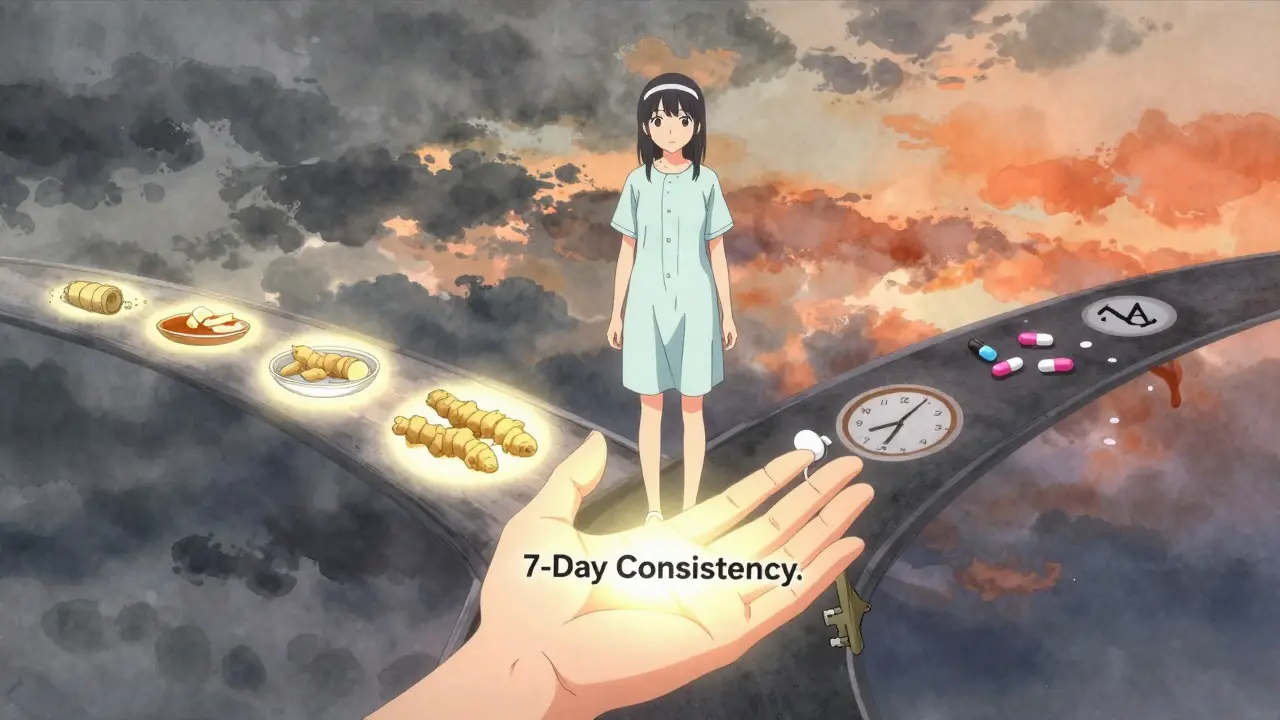 A girl at a crossroads choosing a path of ginger, food, and timing over abandoned pills, guided by a glowing key labeled '7-Day Consistency'.