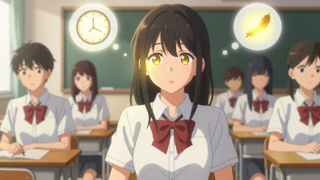 A girl in class having an absence seizure, with golden pulses and abstract thought bubbles showing time, light, and falling feathers.