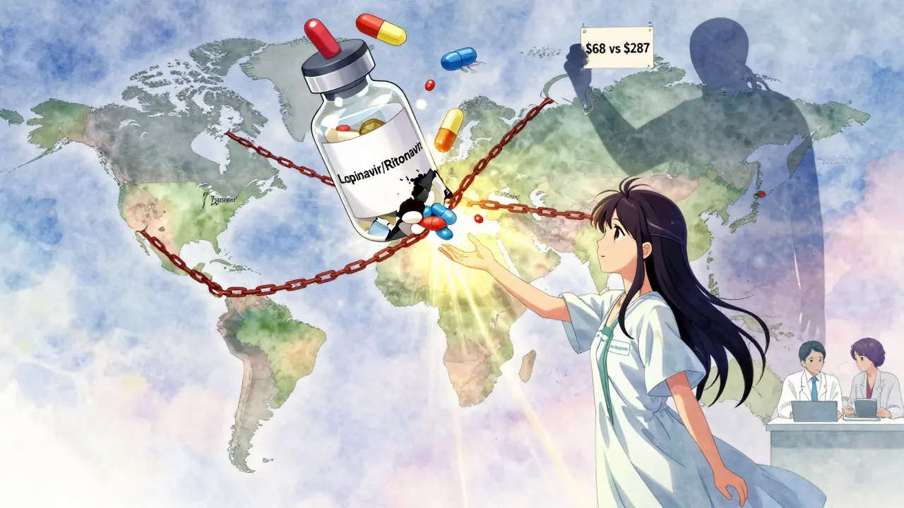 A global map of pill bottles with chains binding low-income regions to a crumbling HIV drug, while brighter alternatives float above.