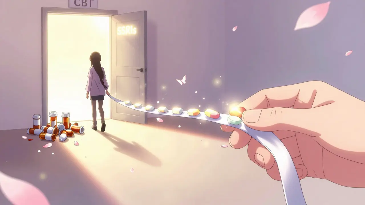 A hand tapering pills into smaller pieces as the path leads to therapy and non-addictive treatments.