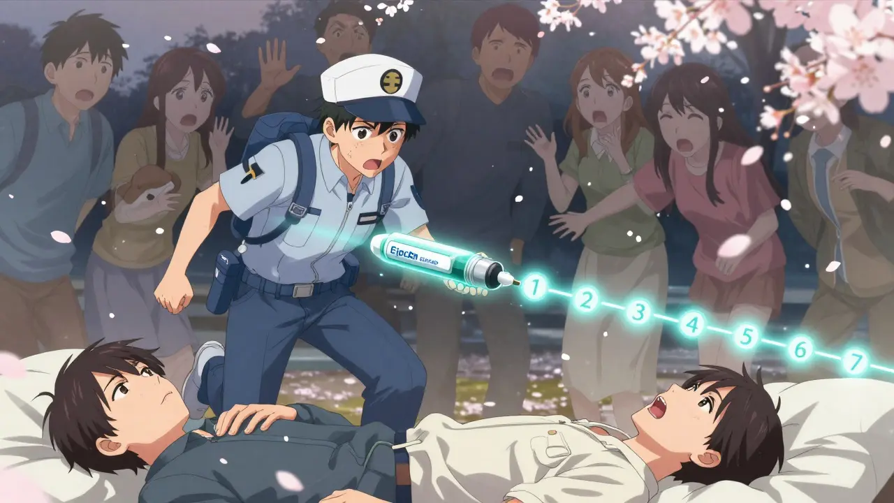 A paramedic rushing to a patient with swollen face and breathing trouble, a glowing EpiPen hovering as time ticks down.