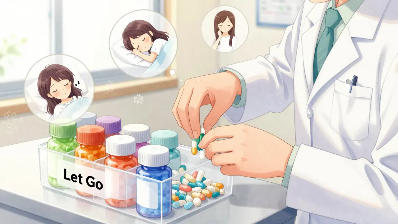 A pharmacist sorts pill bottles as dollar signs fade away, symbolizing cost savings and improved well-being.