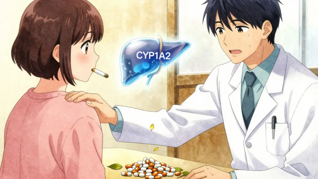 A psychiatrist comforts a patient as liver enzymes slow down and clozapine pills accumulate, symbolizing toxicity risk after quitting smoking.