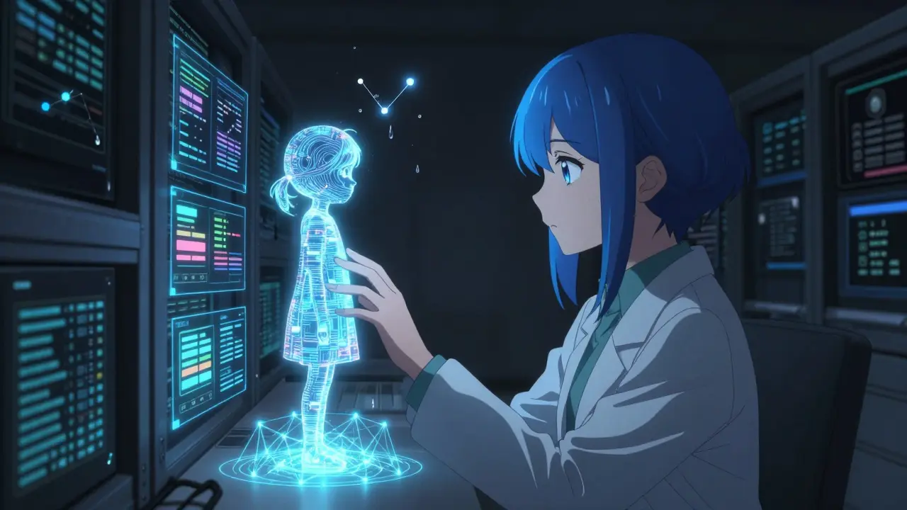 A researcher touches a holographic child made of data, as tears bloom into a constellation of safety alerts in a quiet data center.