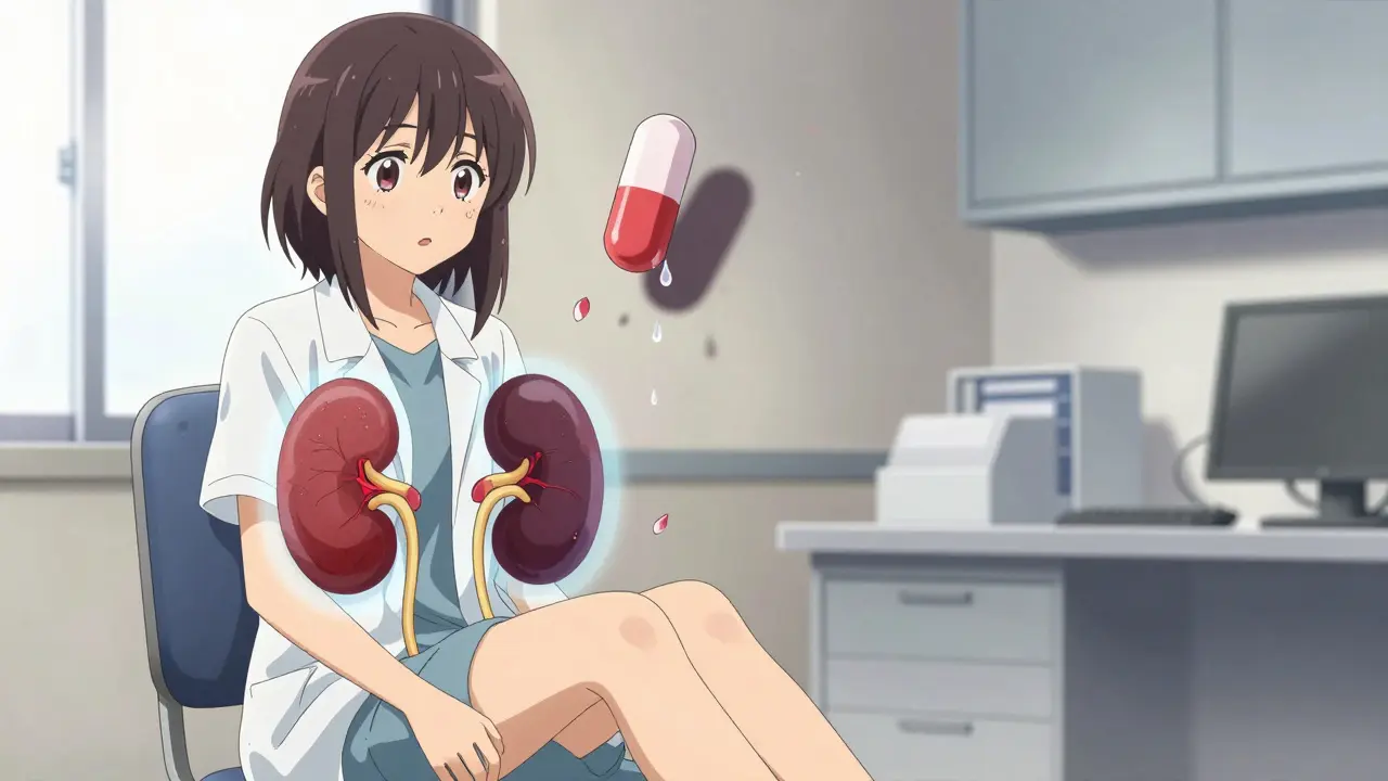 A young patient with translucent kidneys, one healthy and one dimming, as an ACE inhibitor pill casts a dark shadow over her.