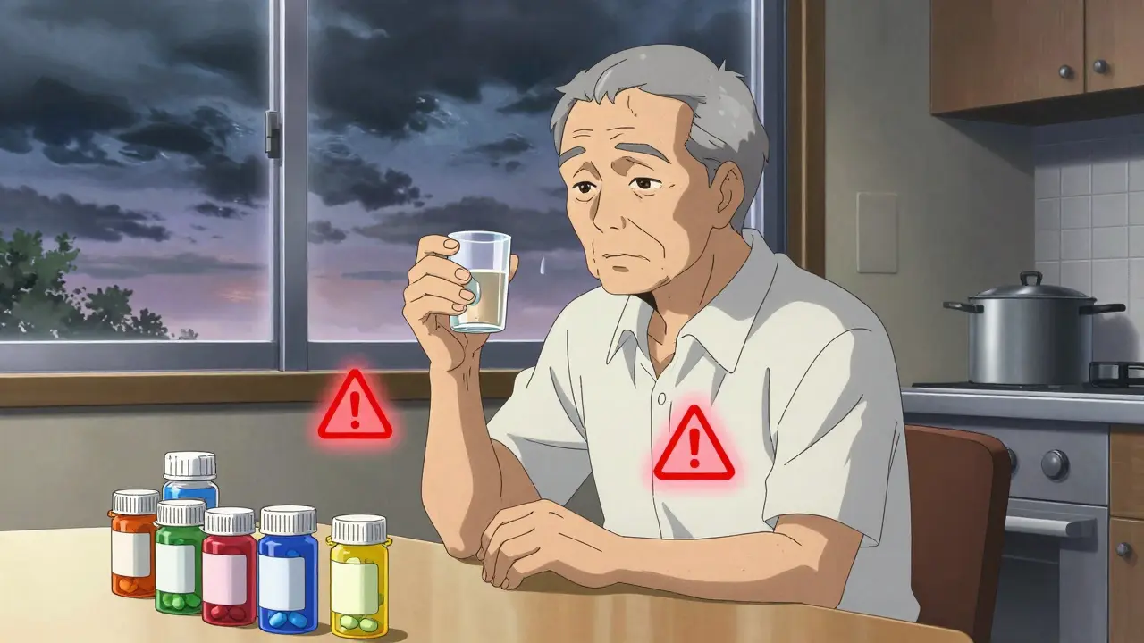 An elderly man with jaundiced skin surrounded by pill bottles, staring at a urine sample as warning icons glow nearby.