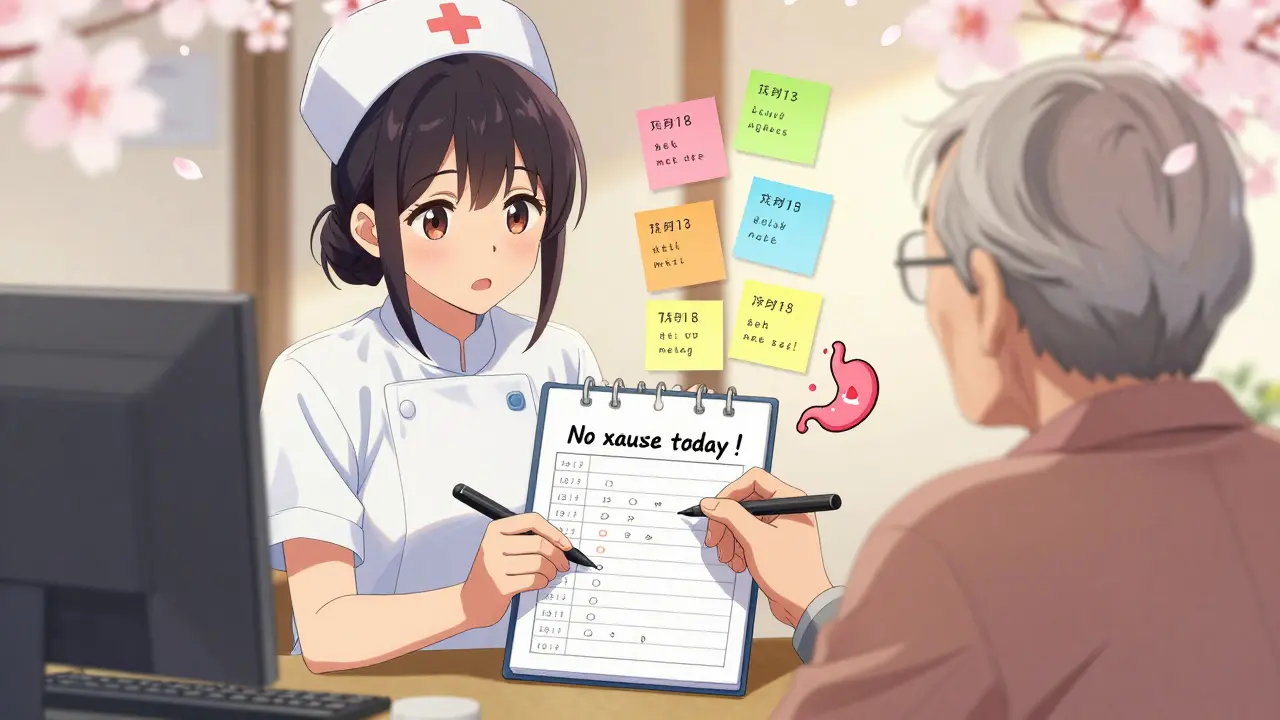 An elderly patient and nurse reviewing a colorful nausea log with floating sticky notes, warm evening light, and blooming petals.