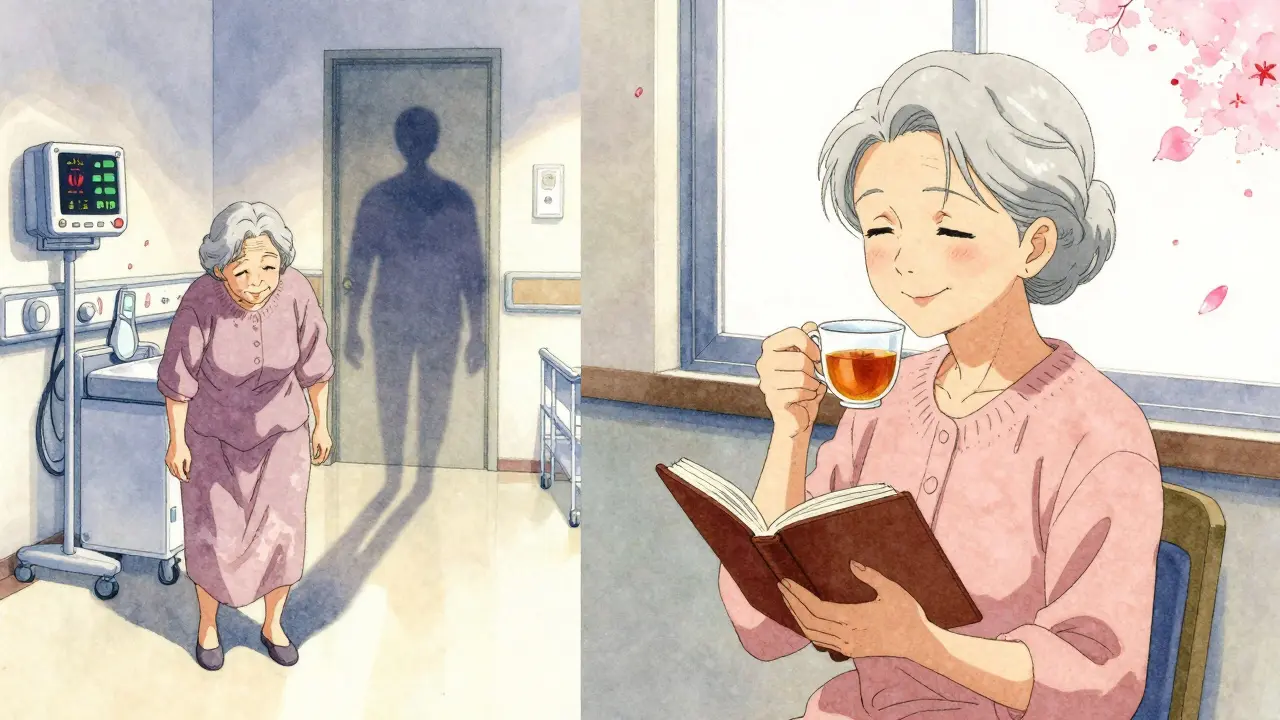 An elderly woman contrasted between vulnerability on medication and peace through therapy.