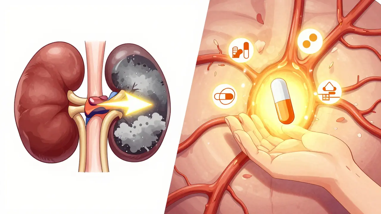 Contrasting paths: an ACE inhibitor destroying a kidney versus a calcium channel blocker nurturing it, in delicate shoujo manga art.
