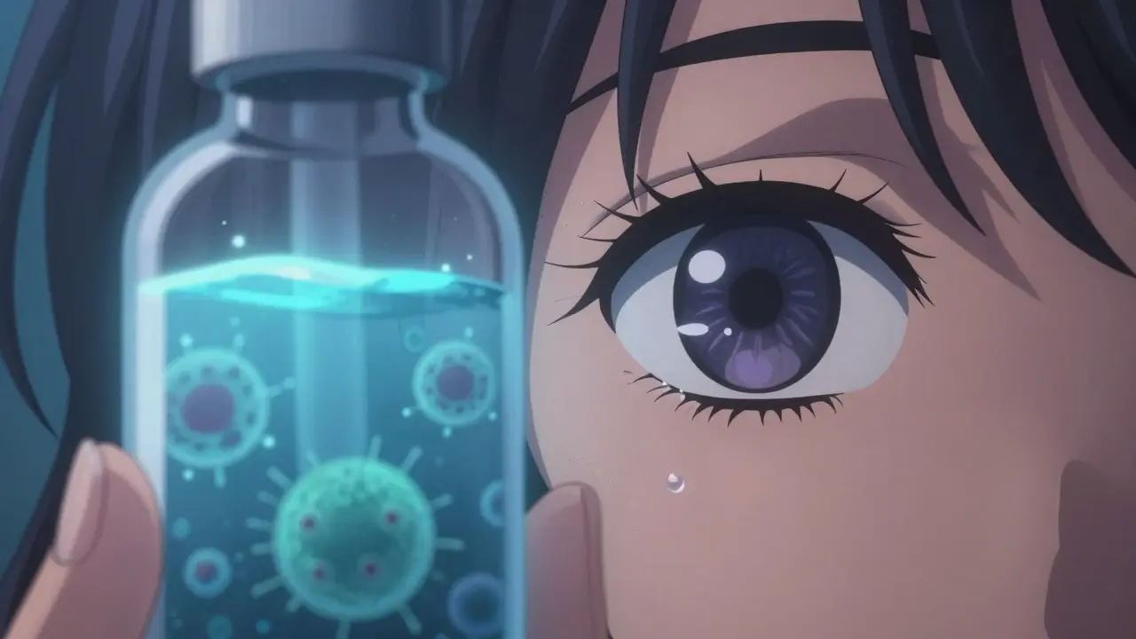 Expired eye drop bottle with microbial contamination visible