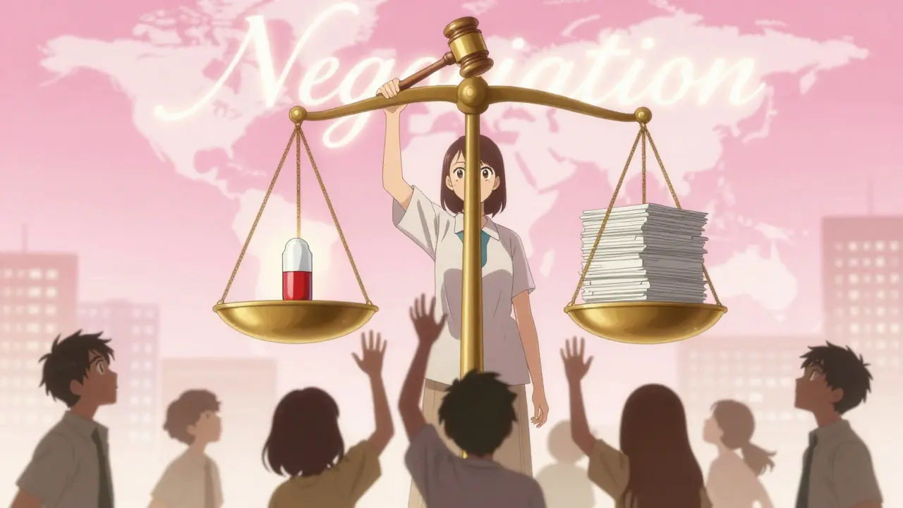 Medicare negotiates drug prices as patients reach up from below, surrounded by global city silhouettes.