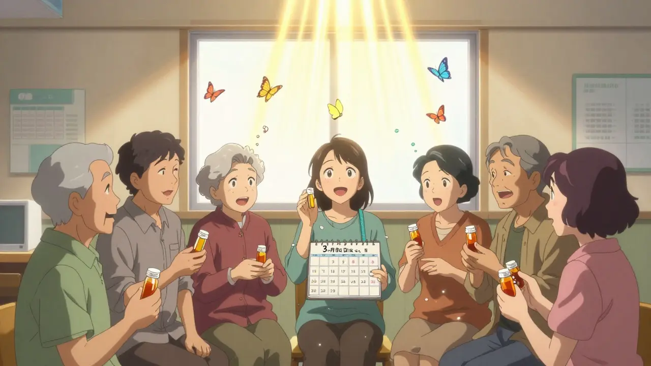 Older adults release pill bottles as butterflies, representing freedom from unnecessary medications and renewed energy.