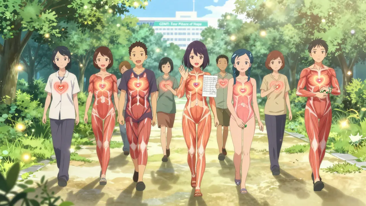 Patients walk in a park with heart-shaped pill lockets, glowing heart muscles beneath them under dappled sunlight.