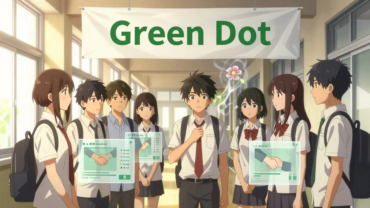 Teens in a school hallway discuss safety programs, with data symbols transforming into supportive gestures under warm light.