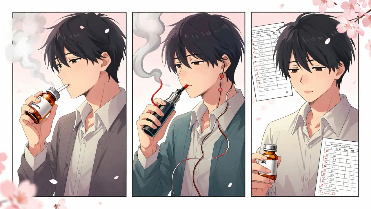 Three panels show smoking, vaping, and stabilized clozapine use, with cherry blossoms symbolizing change and balance in treatment.