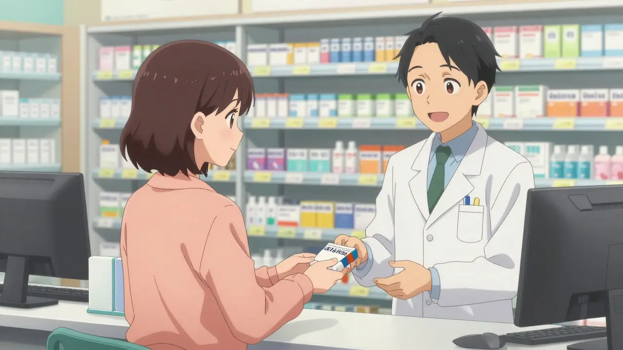 Woman safely disposing expired medications at a pharmacy counter