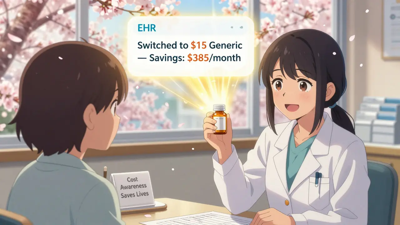 A doctor and patient smile together as a cost alert shows massive savings from switching to a generic medication.