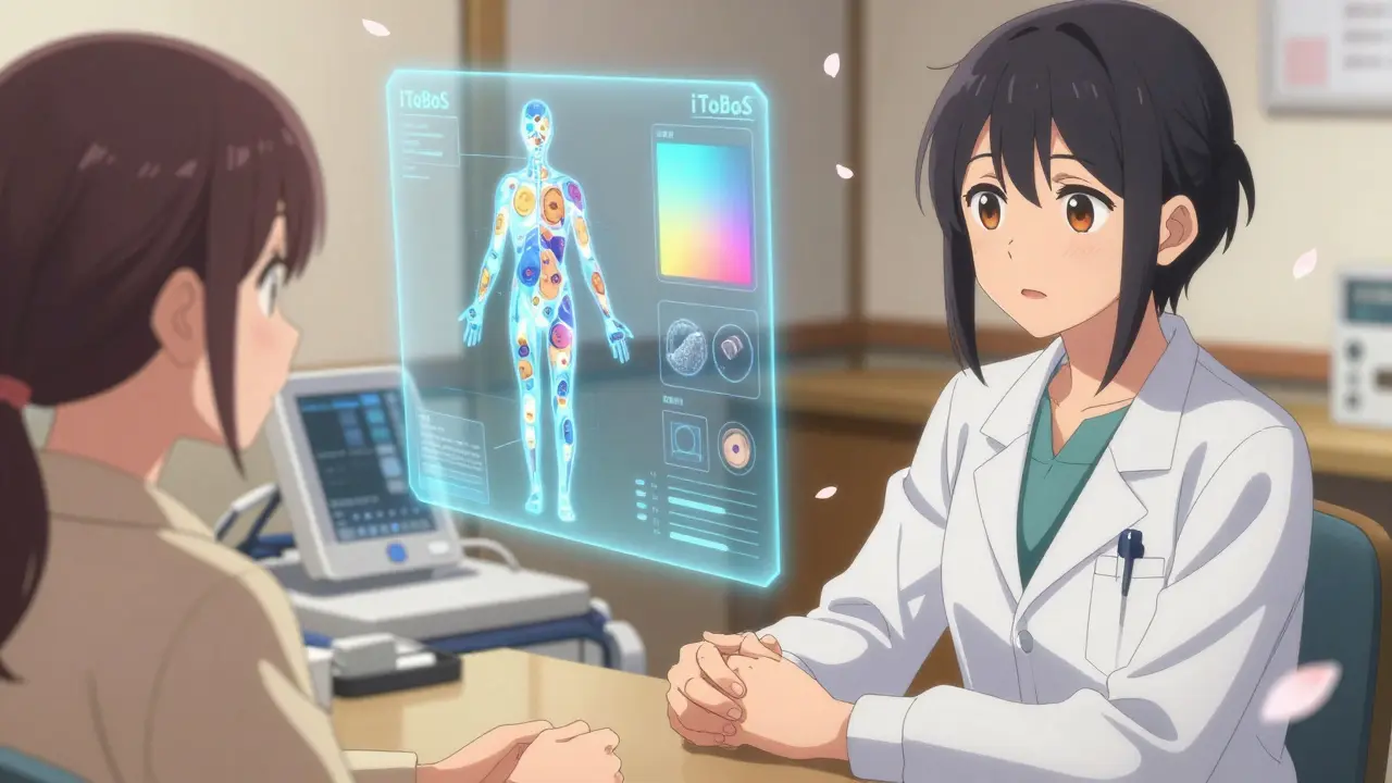 A doctor and patient view a holographic full-body mole scan with AI analysis in soft, glowing lights.