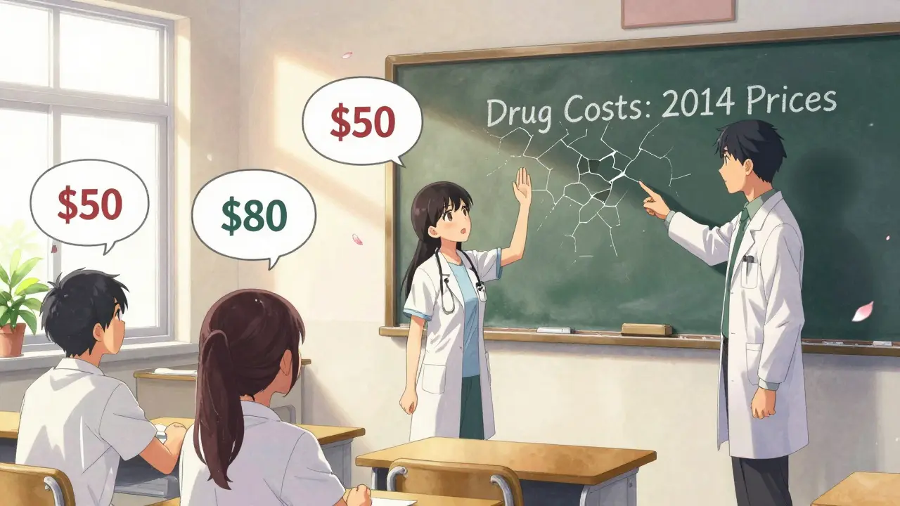 A medical student in class looks uncertain as an outdated chalkboard displays old drug prices while classmates guess wrongly.