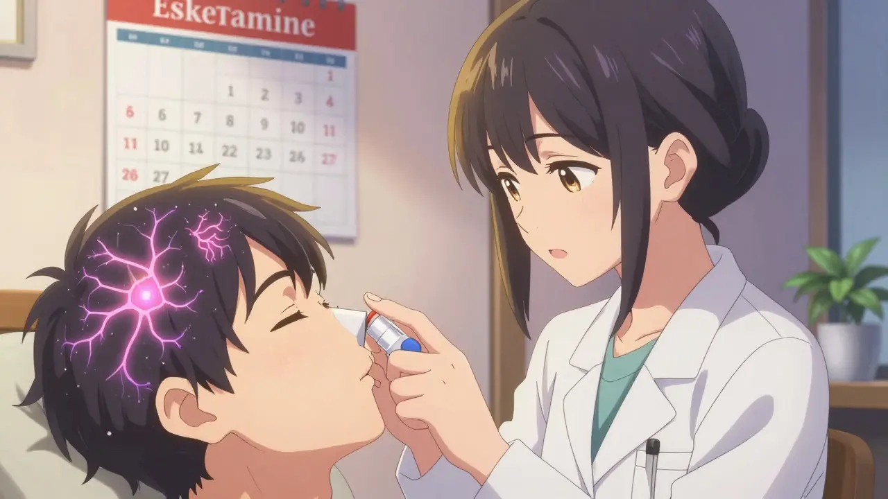 A patient using esketamine nasal spray under medical supervision, with soft light and neural pathways symbolizing gradual emotional healing.