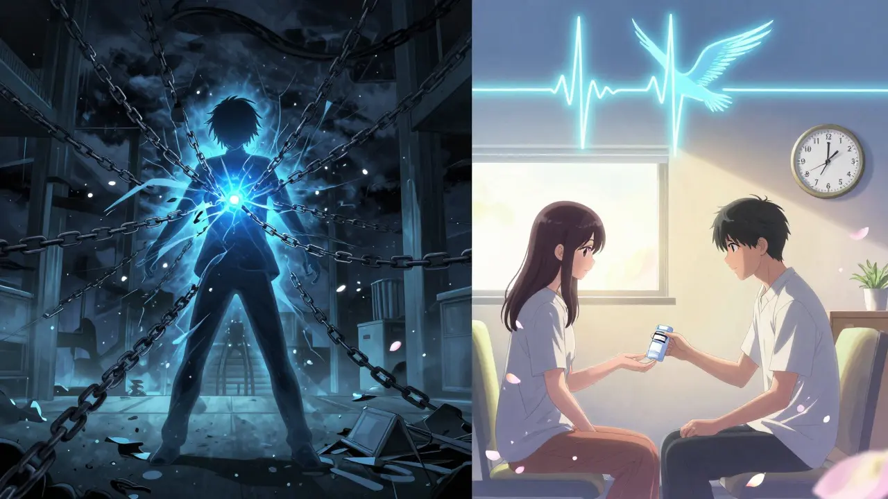 A split-panel scene showing the contrast between intense ketamine relief and gentle esketamine recovery, with a rising EEG wave transforming into a flying bird.