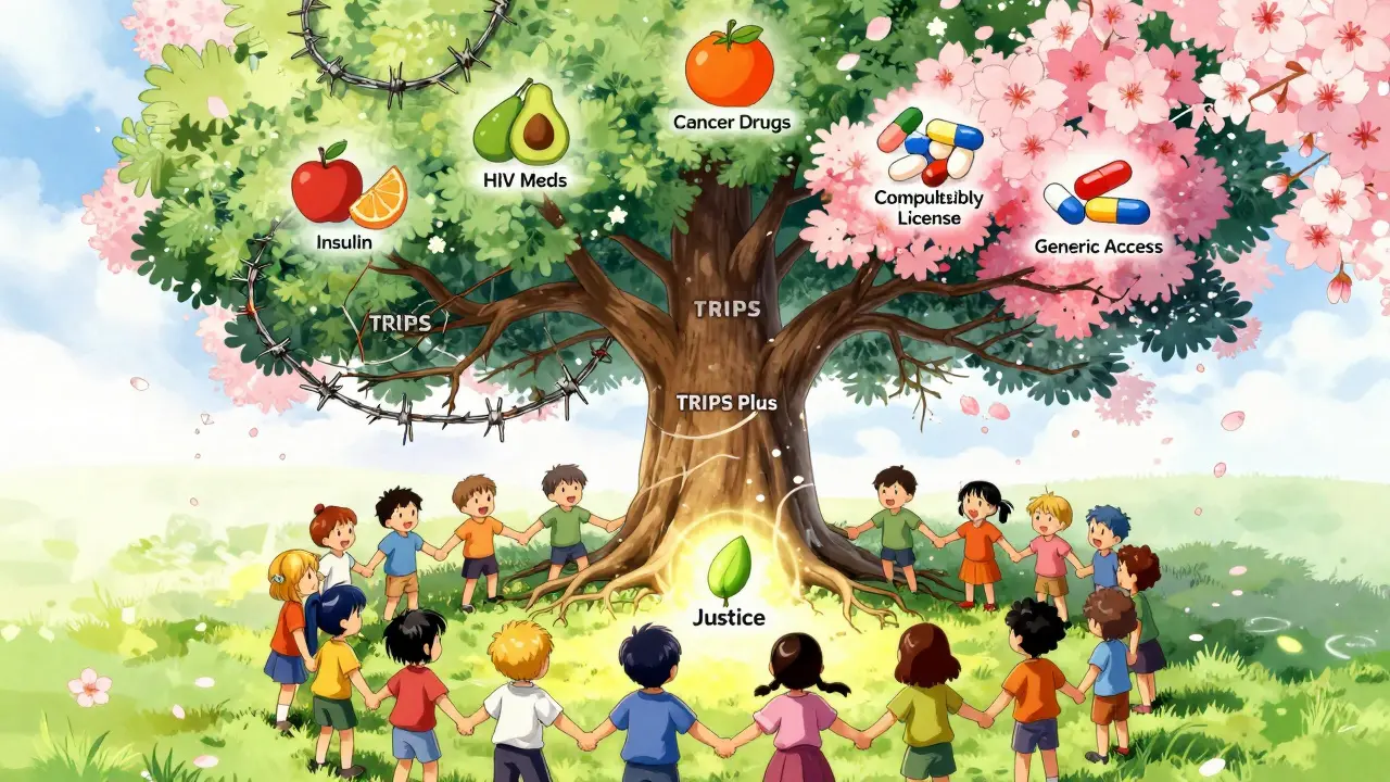 A symbolic tree with TRIPS roots and withered branches is surrounded by children holding hands around a glowing seed labeled 'Justice'.