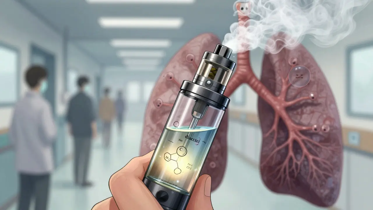 A vaping device emits chemical symbols as tiny lung cells recoil, with a blurred hospital hallway in the background.