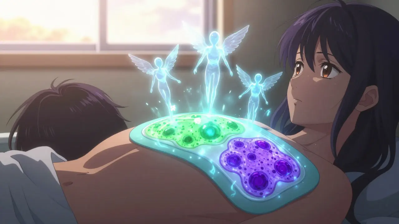 A wearable patch emits blue energy to detect cancer cells while T-cells fight like angelic warriors.