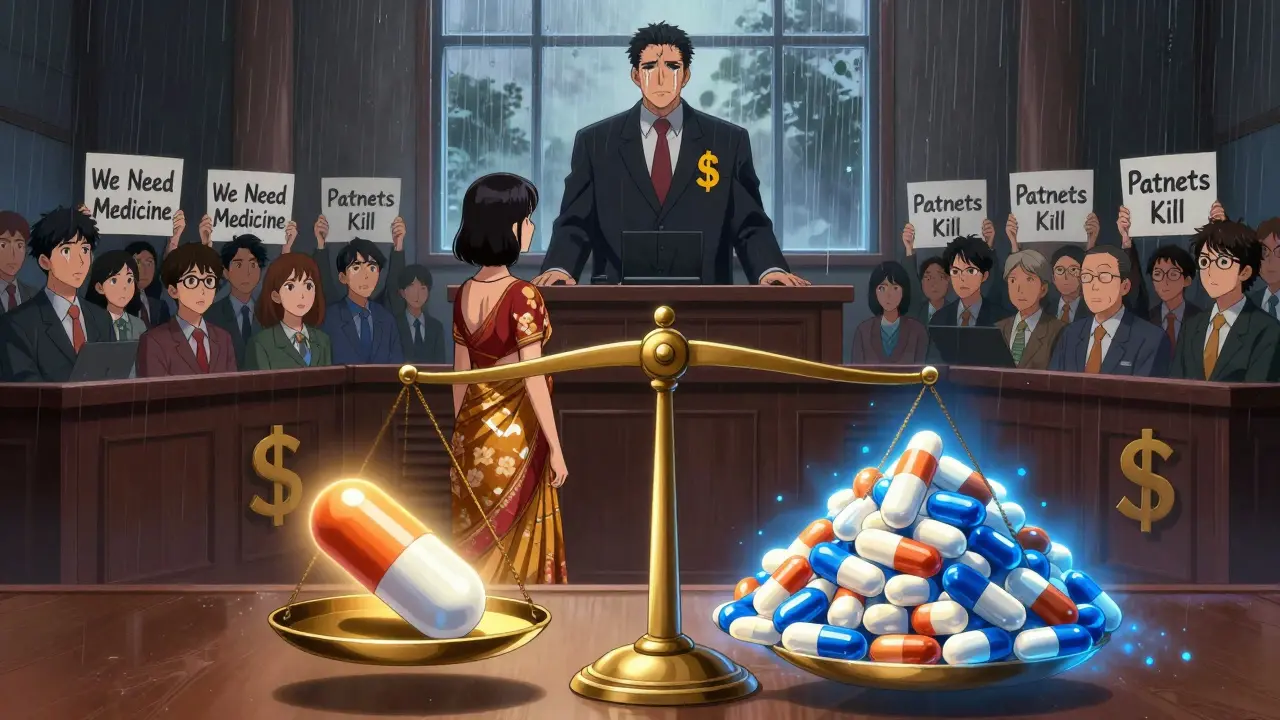 A woman in India stands against a corporate lawyer made of money and patents, while patients hold signs demanding access to medicine.