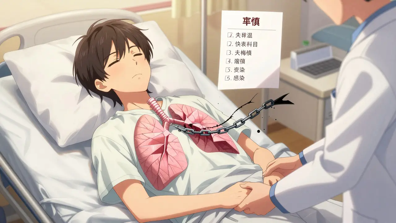 A young person recovers in bed as their lungs unfold like origami, with fading symptom chains and warm sunlight.