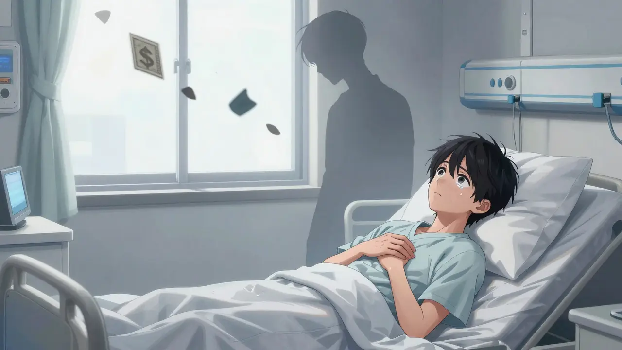 Ill patient in hospital bed looking worried and frail