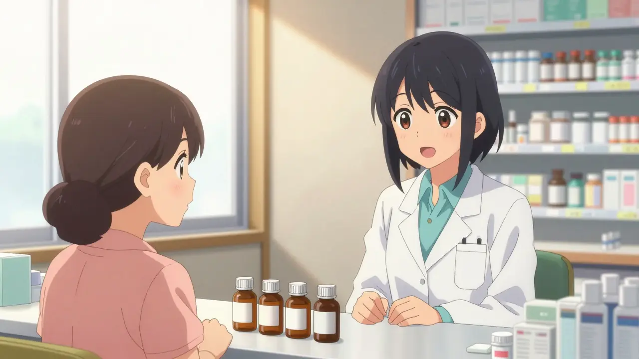 Patient consulting pharmacist about medicine bottles in bright shop.