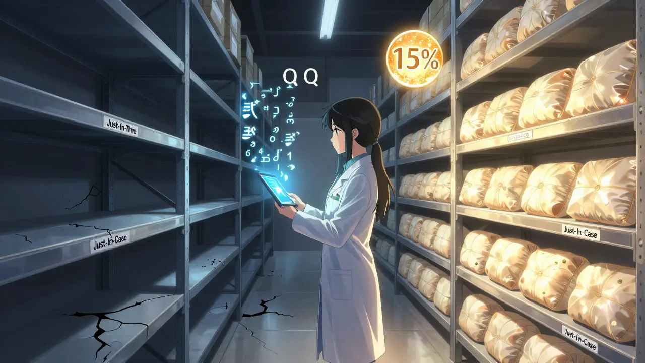 Two warehouse shelves contrast: one empty and dark, the other full with glowing pills and a shimmering 15% buffer icon.