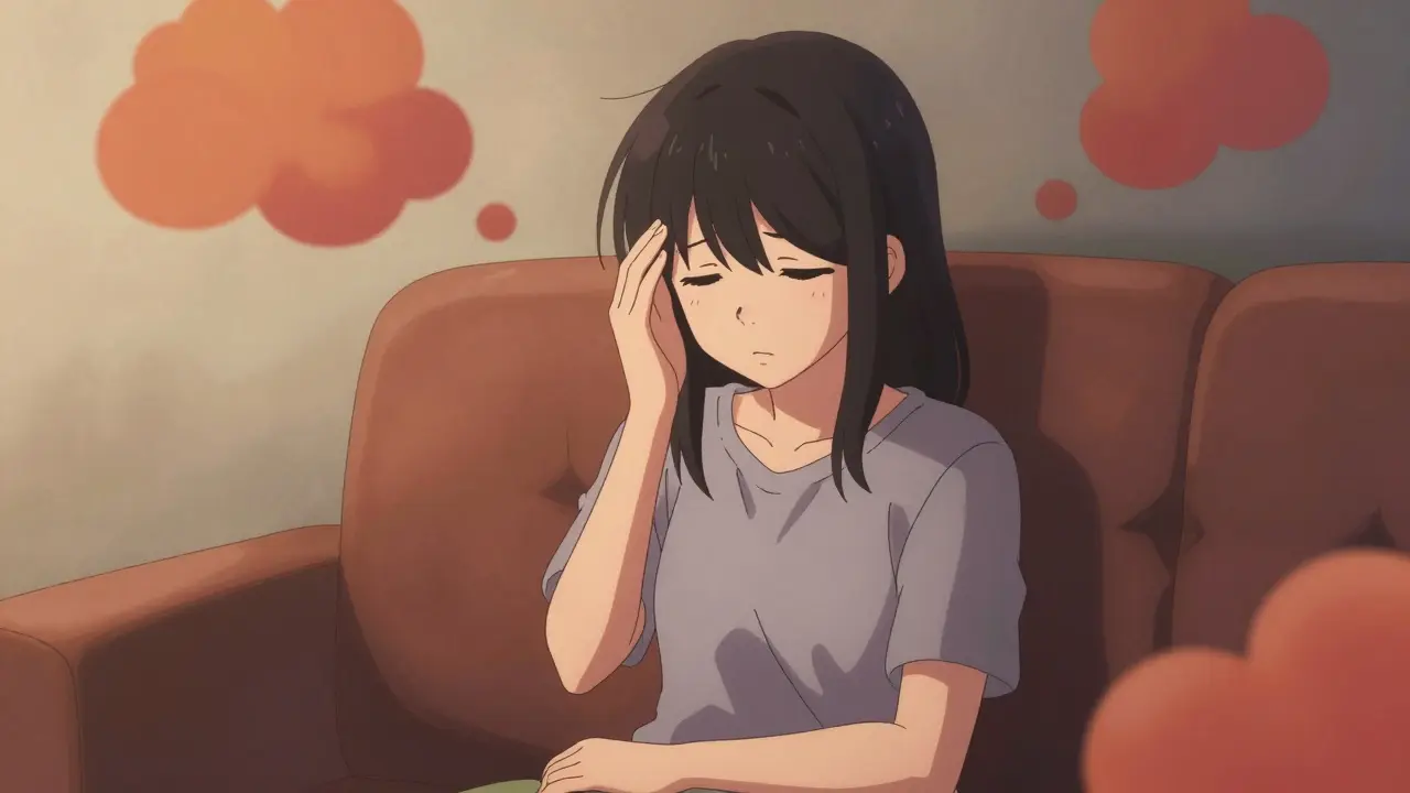 Woman feeling unwell surrounded by abstract shapes representing allergens.