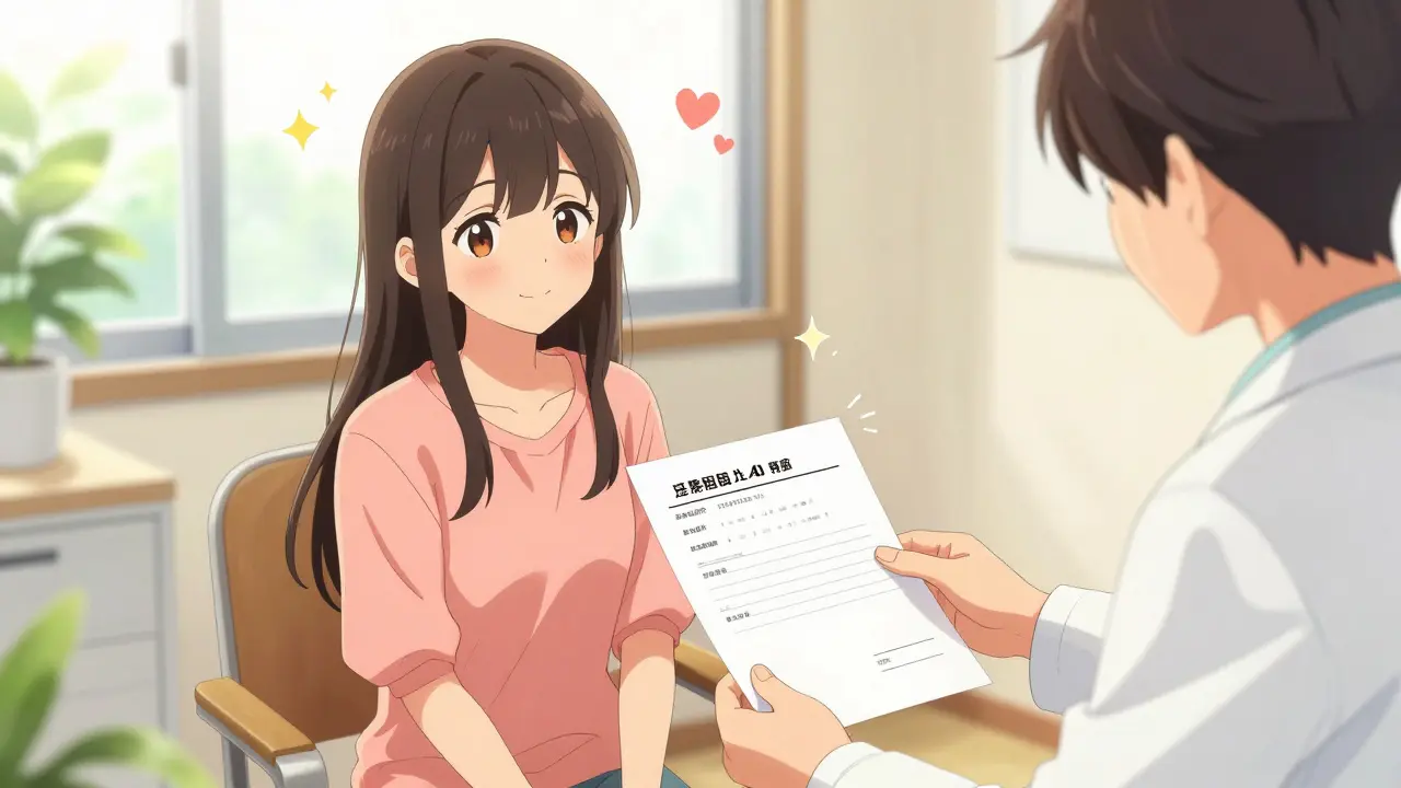 A relieved woman receiving a legal prescription from a doctor in shoujo manga style.