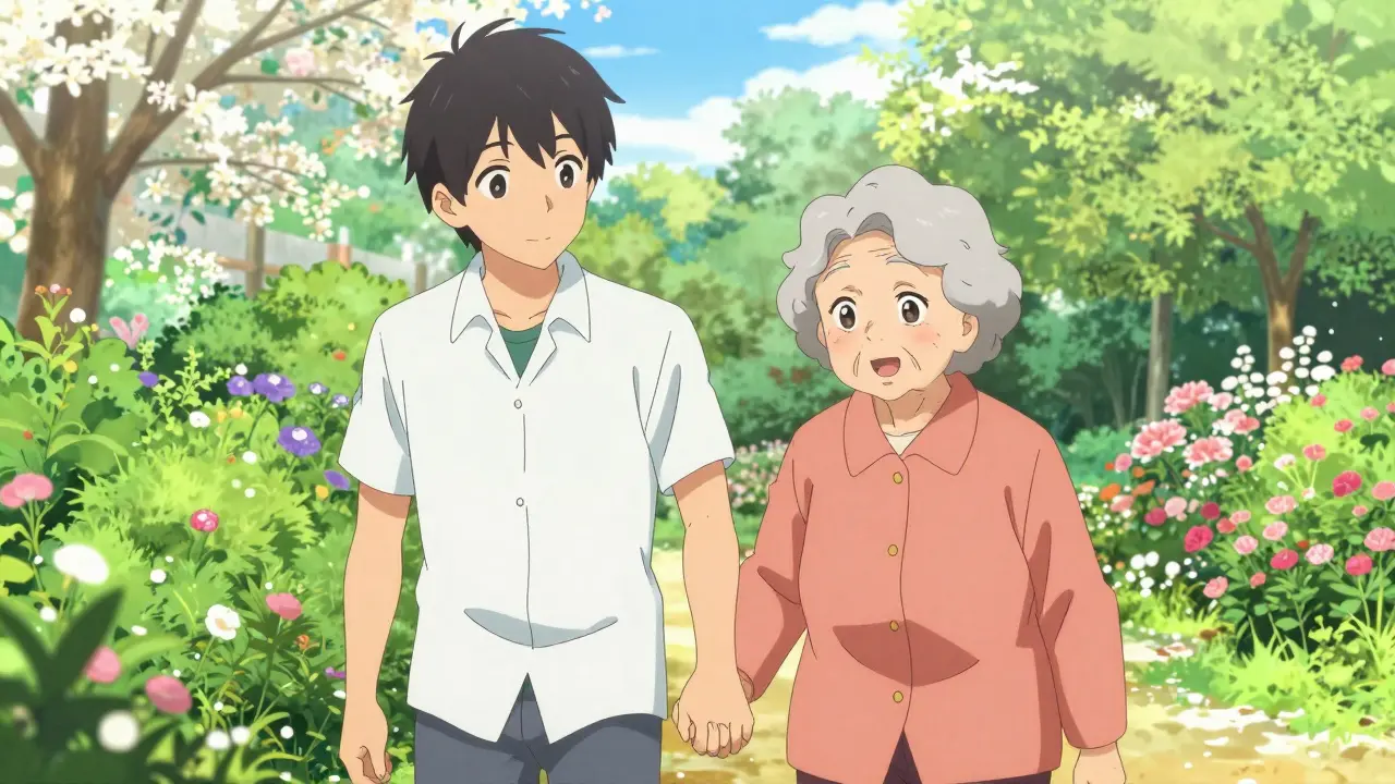 Caregiver holding an elderly woman's hand while walking in a garden