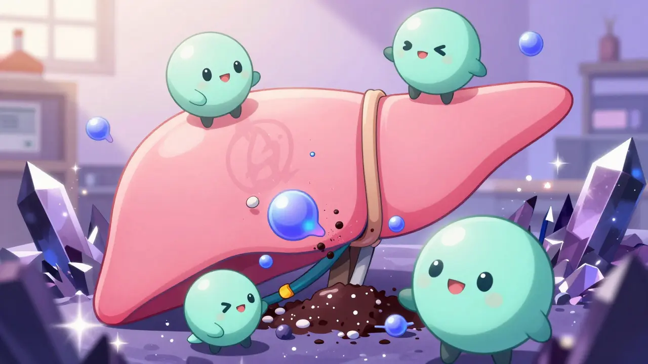 Chibi liver enzymes struggling to clear methadone droplets amidst dark crystals in manga style