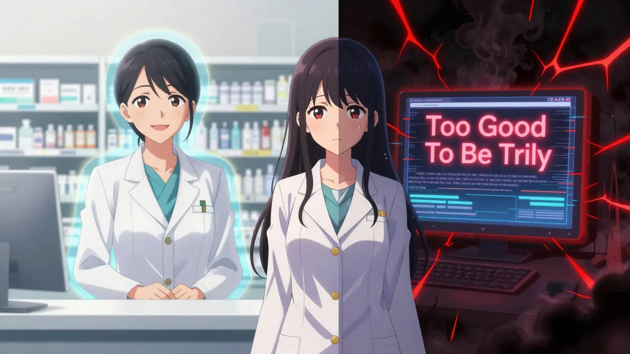 Comparison between a trusted licensed pharmacy and a suspicious website in manga art.