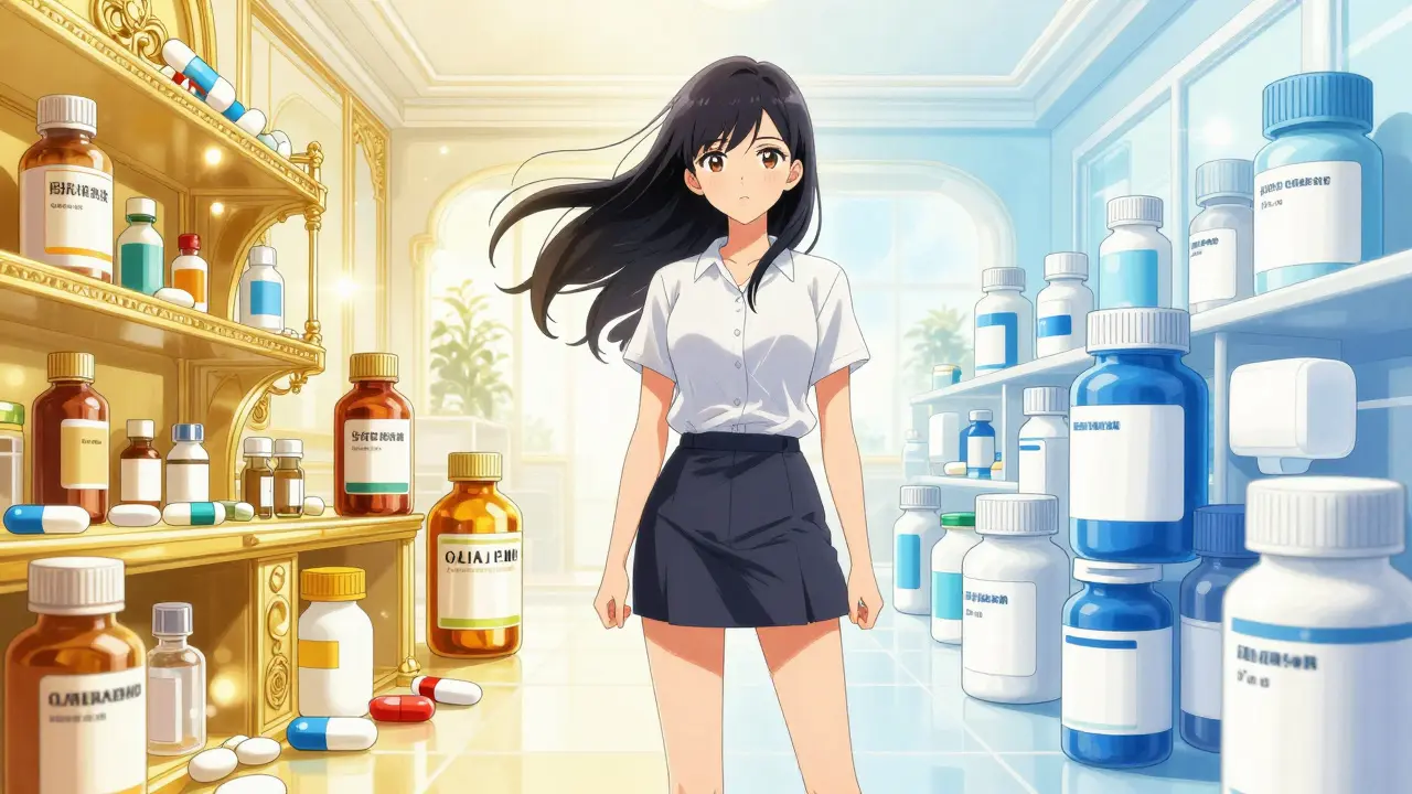 Conceptual split between expensive brand drugs and affordable generics in manga art